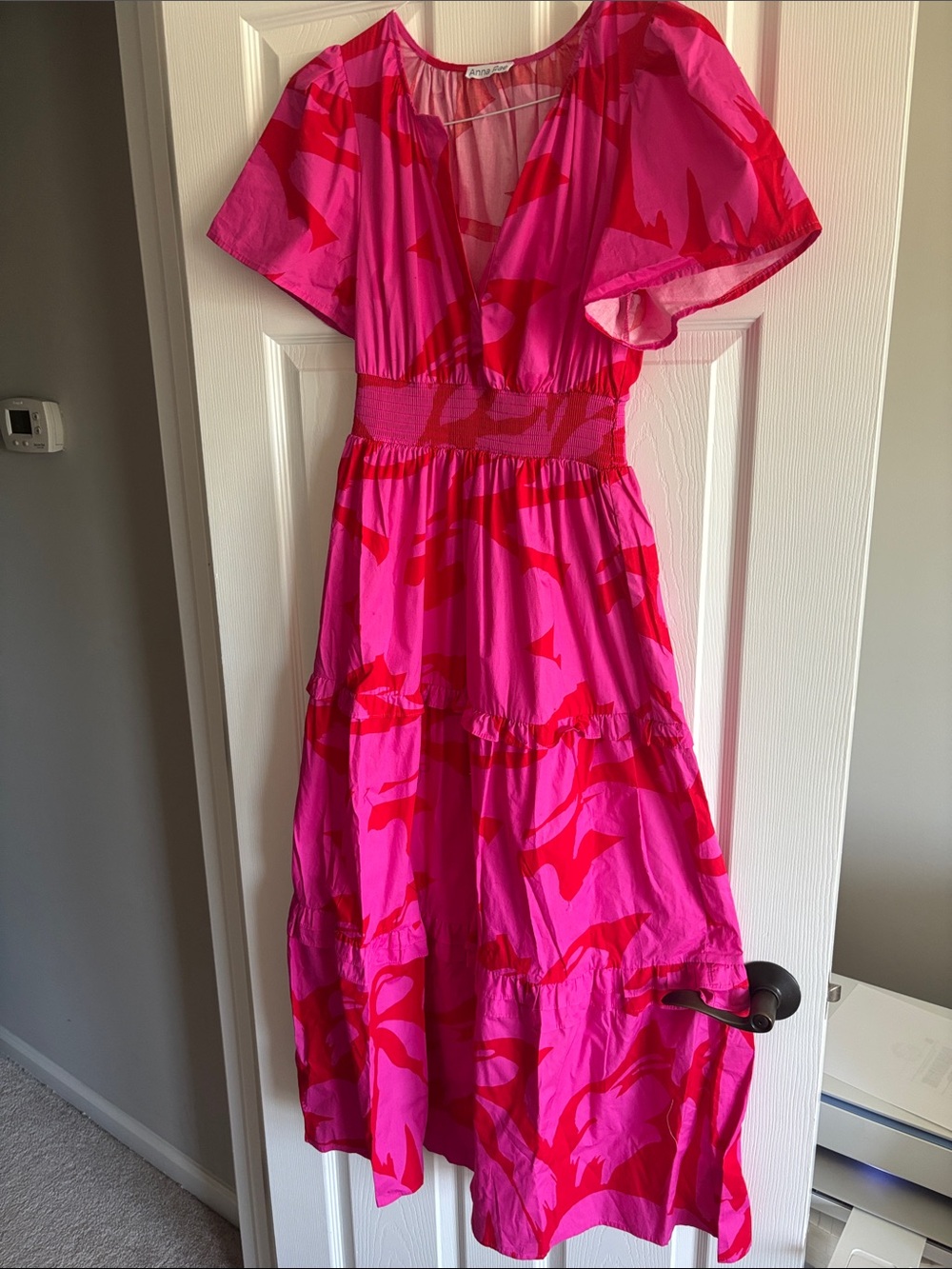 Bright Pink & Red Maxi Dress with Flutter Sleeves